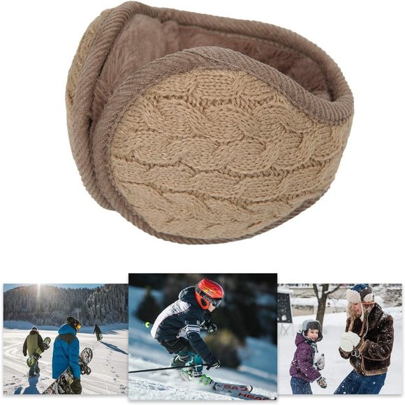 Unisex Khaki Warm Knit Cashmere Adjustable Wrap Outdoor Fur Earwarmer - Picture 5 of 6
